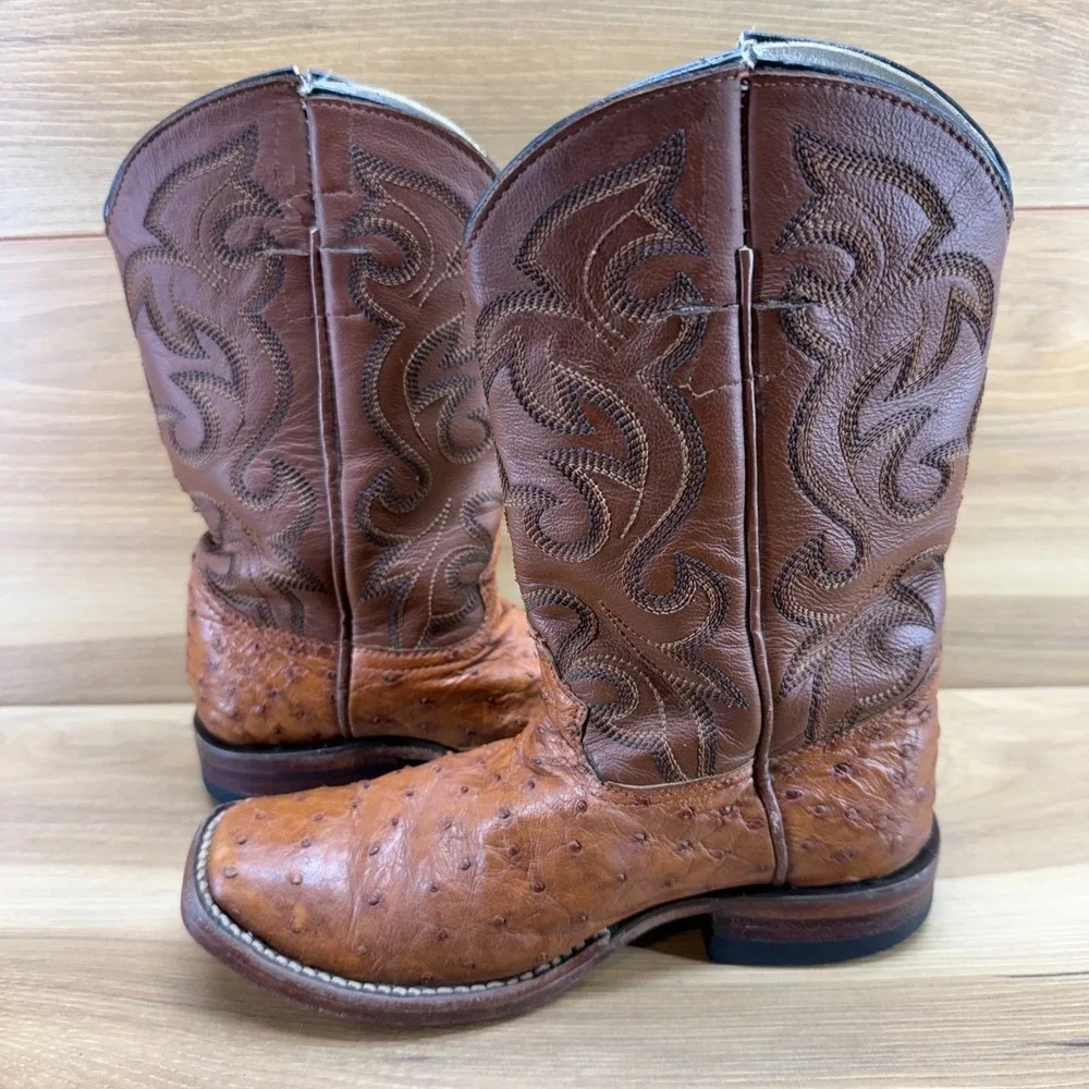 Genuine Ostrich Leather Boys Size 1 Western Boots Square Toe Rodeo Ranch